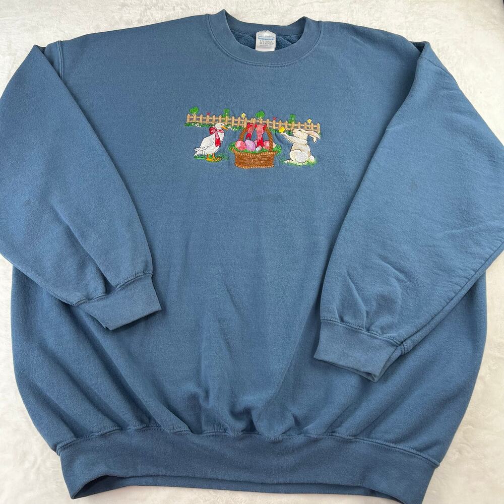 Gildan Vintage Easter Bunny Embroidered Blue Crewneck Sweatshirt Women's sz XXL